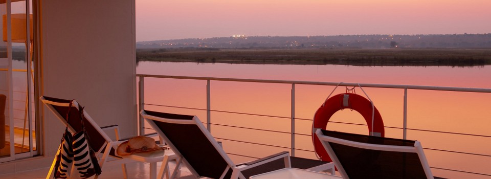 View from the deck of the luxury houseboat, the Zambezi Queen on Chobe River, Botswana.